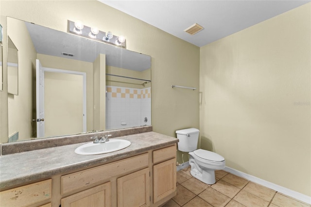 bathroom featuring vanity, visible vents, a shower, tile patterned floors, and toilet