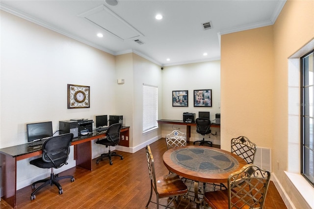 home office with crown molding and hardwood / wood-style floors