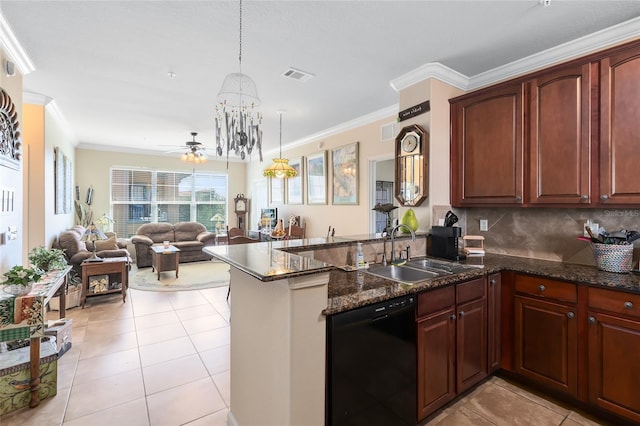 kitchen with pendant lighting, sink, kitchen peninsula, and black dishwasher