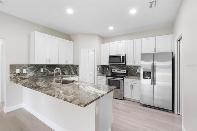 kitchen featuring kitchen peninsula, white cabinetry, light hardwood / wood-style floors, and appliances with stainless steel finishes