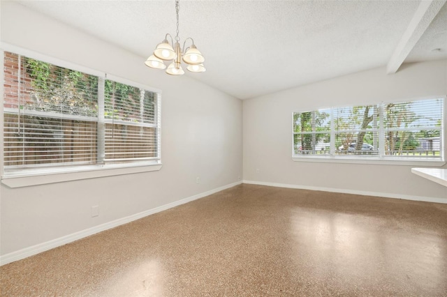 4221 Mizell St, Orlando, FL 32812 - empty room with a textured ceiling, vaulted ceiling, speckled floor, baseboards, and a chandelier