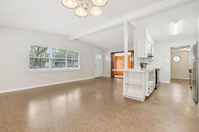 4221 Mizell St, Orlando, FL 32812 - kitchen with open shelves, light countertops, white cabinets, an inviting chandelier, and stainless steel appliances