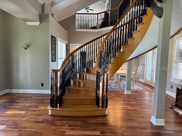 stairs with a high ceiling, ceiling fan, and wood-type flooring