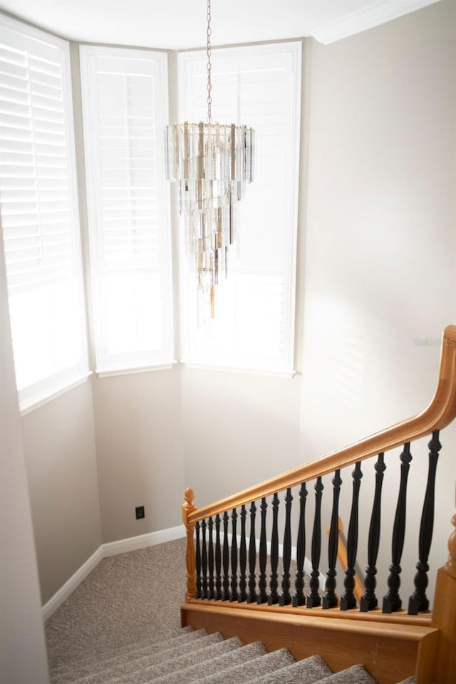 stairway featuring carpet flooring, crown molding, and a chandelier