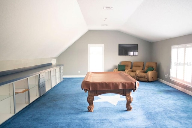 rec room with carpet floors, vaulted ceiling, and pool table