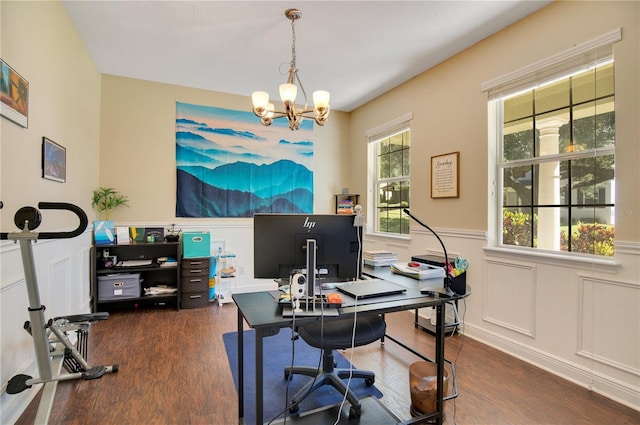 2053 Nobscot Pl, Apopka, FL 32703 - home office featuring a wainscoted wall, wood finished floors, and a notable chandelier
