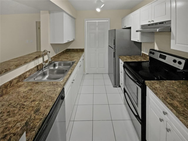 kitchen featuring dishwasher, light tile patterned flooring, sink, black electric range oven, and white cabinets