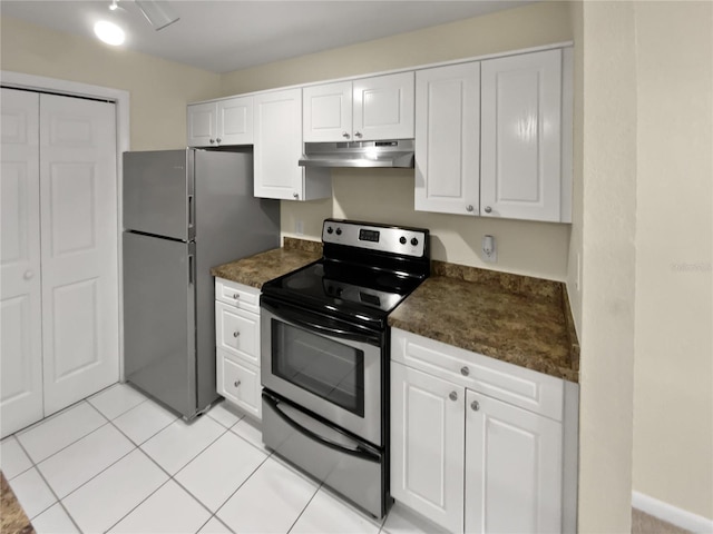 kitchen featuring white cabinetry, stainless steel appliances, and light tile patterned flooring