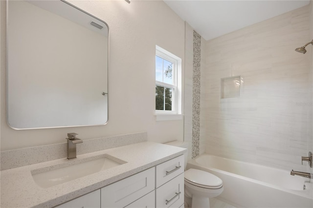 full bath featuring shower / bath combination, visible vents, toilet, and vanity