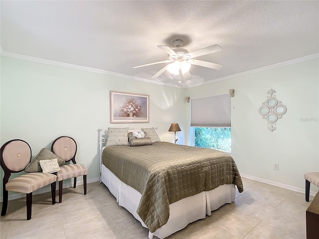 bedroom with crown molding, light tile patterned flooring, a textured ceiling, and ceiling fan