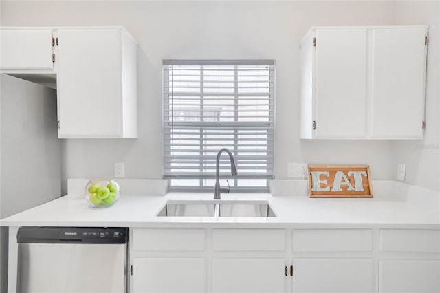 kitchen with white cabinets, stainless steel dishwasher, and sink