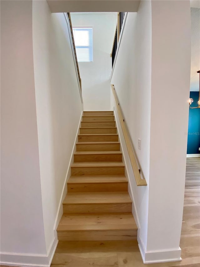 stairway with hardwood / wood-style flooring