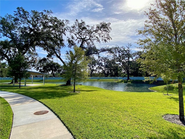 view of property's community featuring a water view and a lawn