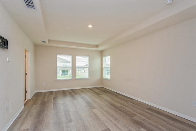 unfurnished room featuring a raised ceiling and light wood-type flooring