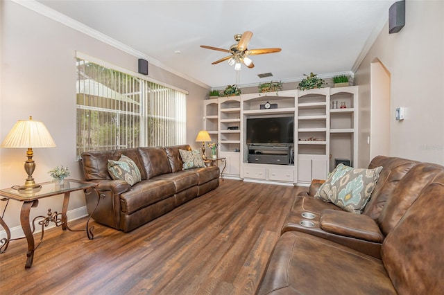 living room with wood-type flooring, ceiling fan, and ornamental molding