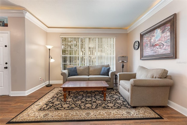 living room featuring wood-type flooring and crown molding