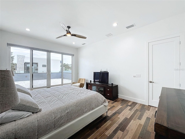 bedroom with ceiling fan, access to outside, and dark hardwood / wood-style flooring