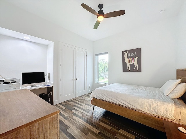 bedroom featuring a closet, ceiling fan, and hardwood / wood-style floors