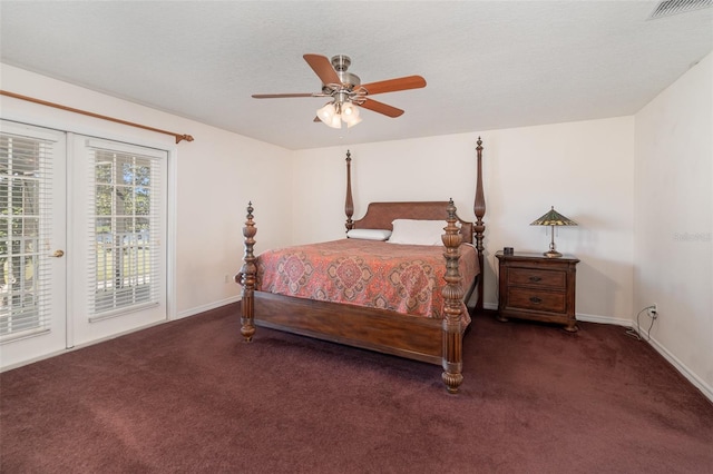 carpeted bedroom with a textured ceiling, access to exterior, and ceiling fan