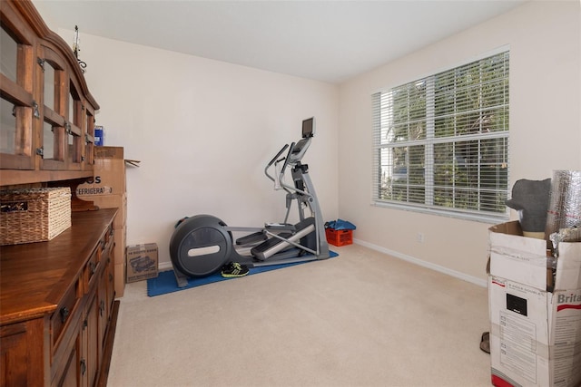 exercise room featuring light carpet