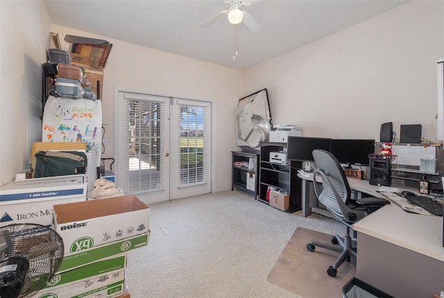 home office with light colored carpet and ceiling fan