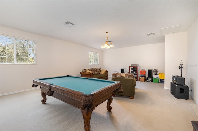 recreation room featuring pool table and light colored carpet