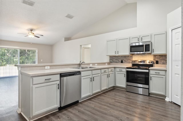 kitchen with kitchen peninsula, stainless steel appliances, sink, vaulted ceiling, and decorative backsplash