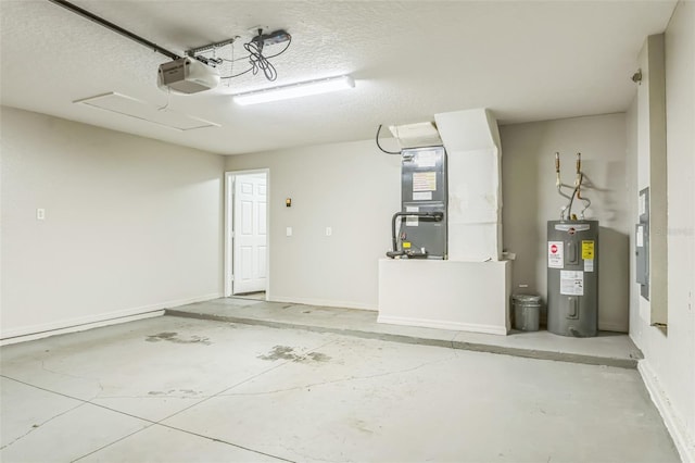 garage with a garage door opener and water heater