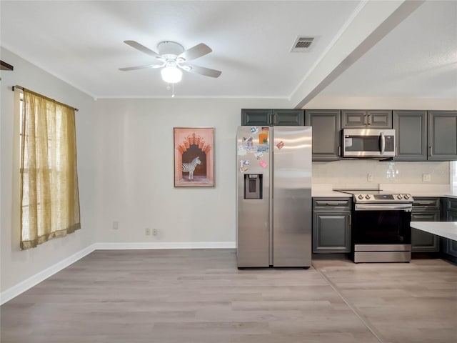 kitchen with backsplash, appliances with stainless steel finishes, light hardwood / wood-style flooring, and gray cabinets