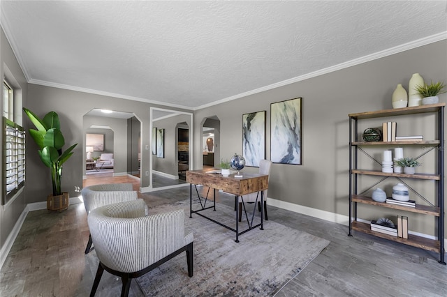 office area featuring crown molding, a textured ceiling, and dark hardwood / wood-style flooring