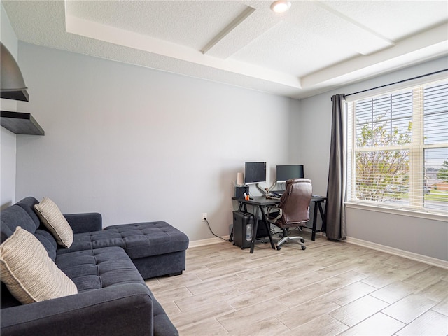 office space featuring a tray ceiling, a textured ceiling, and light hardwood / wood-style floors