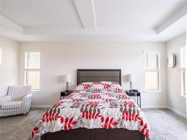 bedroom featuring a textured ceiling, carpet flooring, and a tray ceiling