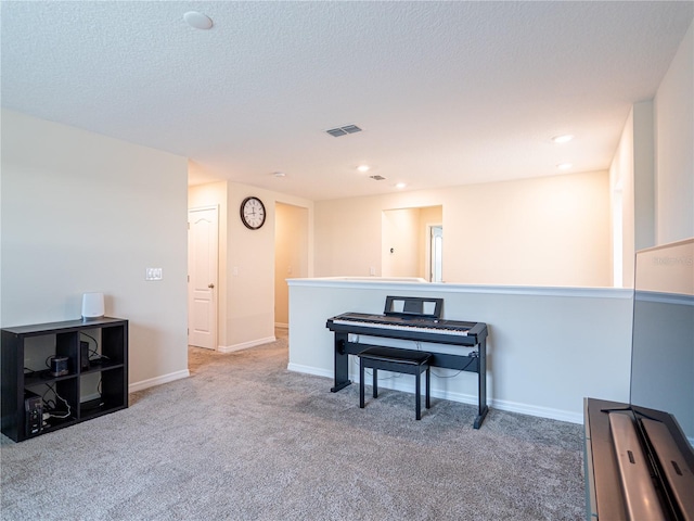 misc room featuring a textured ceiling and carpet flooring