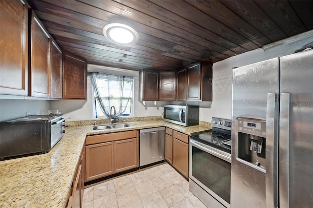 kitchen featuring light stone counters, sink, appliances with stainless steel finishes, and wood ceiling