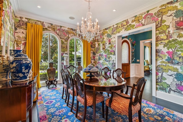 dining area featuring crown molding, a notable chandelier, and dark hardwood / wood-style floors