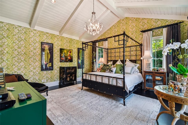 bedroom featuring vaulted ceiling with beams, hardwood / wood-style flooring, and a chandelier