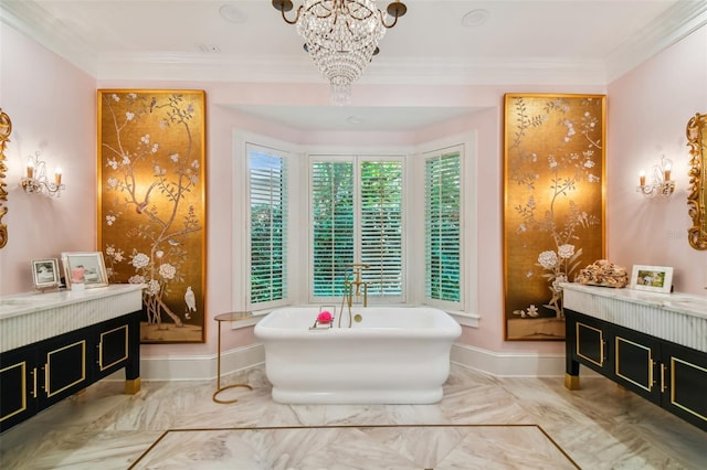 bathroom with vanity, a tub, a chandelier, and ornamental molding