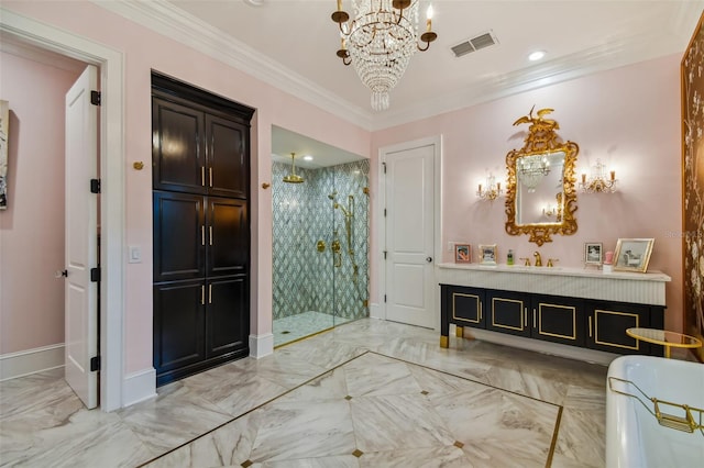 bathroom with vanity, an enclosed shower, an inviting chandelier, and crown molding