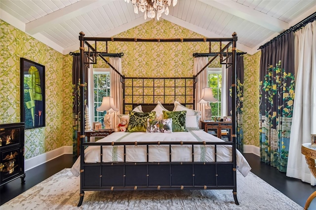 bedroom featuring lofted ceiling with beams and dark hardwood / wood-style flooring