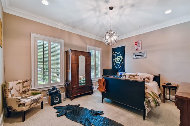 carpeted bedroom featuring multiple windows, a chandelier, and crown molding