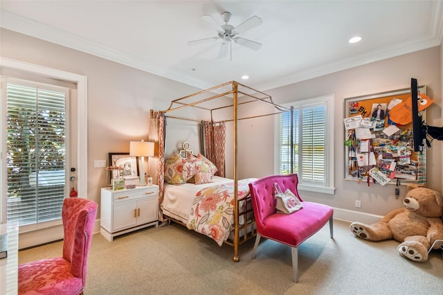 bedroom featuring crown molding, carpet flooring, access to outside, and ceiling fan