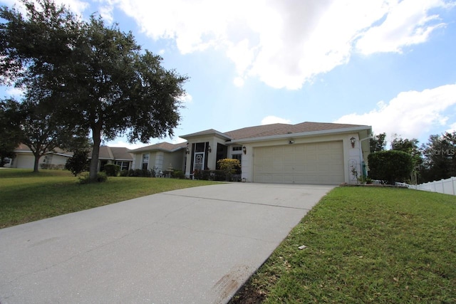 single story home with a front yard and a garage