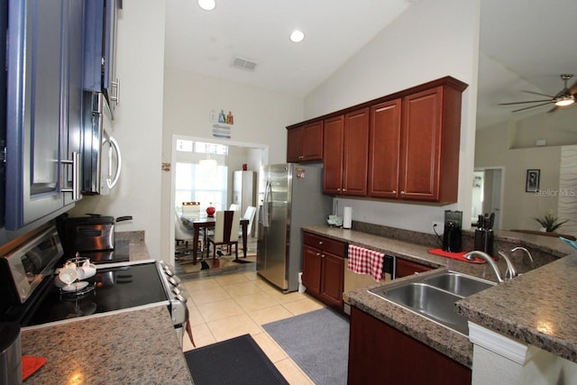 1545 Blue Sky Blvd, Haines City, FL 33844 - kitchen featuring lofted ceiling, appliances with stainless steel finishes, a sink, a ceiling fan, and reddish brown cabinets