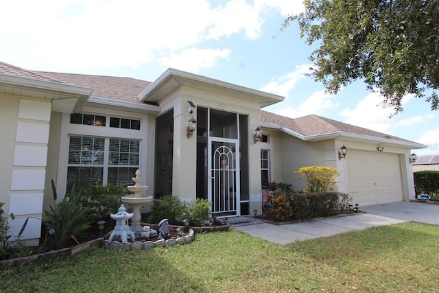 1545 Blue Sky Blvd, Haines City, FL 33844 - view of front of house with an attached garage, a shingled roof, stucco siding, driveway, and a front yard