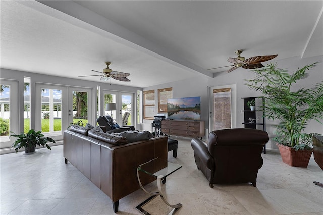 living room featuring french doors, beamed ceiling, and ceiling fan