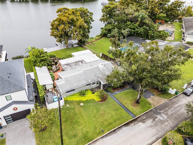 drone / aerial view featuring a water view