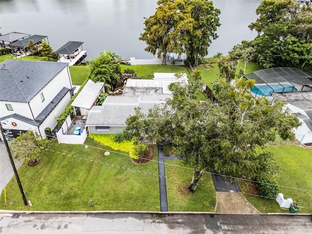 drone / aerial view featuring a water view