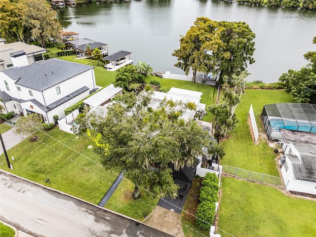 aerial view featuring a water view