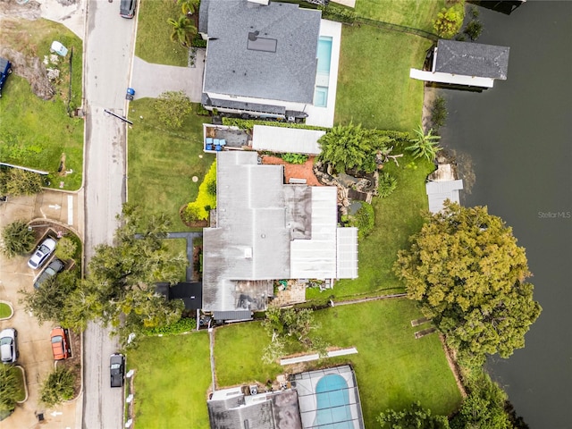 drone / aerial view featuring a water view