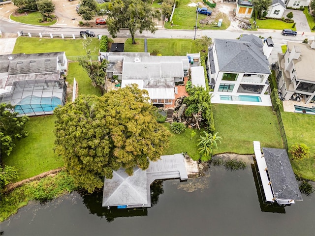 bird's eye view with a water view